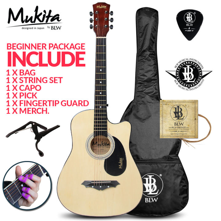 Mukita by BLW Standard Acoustic Folk Cutaway Basic Guitar Package 38 Inch for beginners